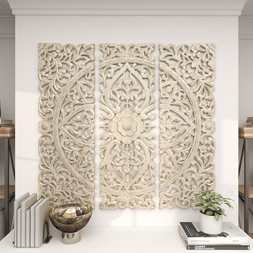 Deco 79 Wood Floral Handmade Intricately Carved Wall Decor with Mandala Design, Set of 3 48"H, 48"W, Beige