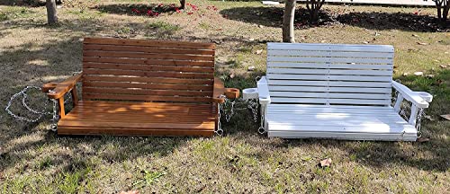 Wooden Porch Swing 2-Seater, Bench Swing with Cupholders, Hanging Chains and 7mm Springs, Heavy Duty 800 LBS, for Outdoor Patio Garden Yard (White)