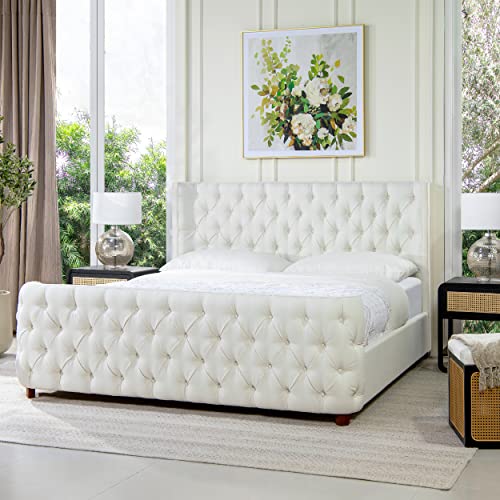 Jennifer Taylor Home Harmonie King Tufted Panel Bed Headboard and Footboard Set, Antique White Polyester