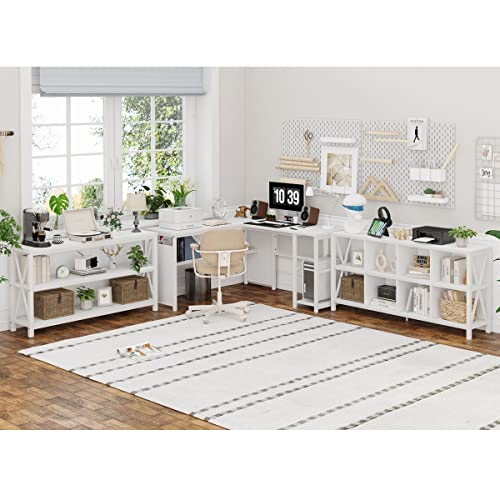 FATORRI 8 Cube Storage Organizer Bookshelf, Rustic Wood Cubby Bookcase, Industrial Horizontal Long Shelf for Living Room (White Oak, 62 Inch)