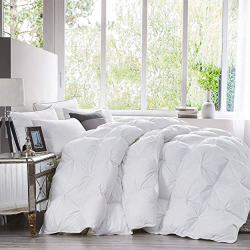 Luxurious All-Season Goose Down Feather Fiber Comforter King Size Duvet Insert, Exquisite Pinch Pleat Design, Premium Baffle Box, 100% Egyptian Cotton Cover, 65 oz. Fill Weight, White