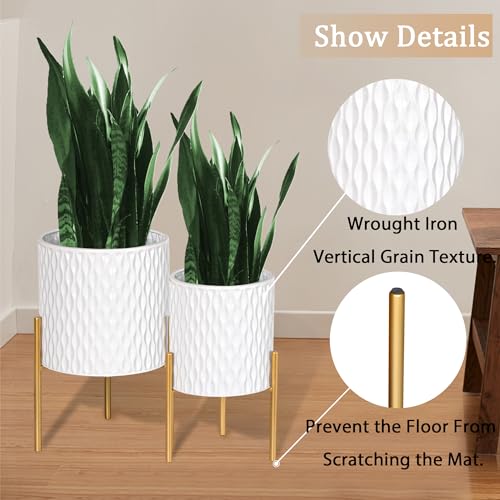 ARNIS Plants Pots with Stand, Indoor Planter Pots, Unique Mid Century Decorative Metal Flower Pots with Drainage, 8 & 10.25 Inch, White and Gold