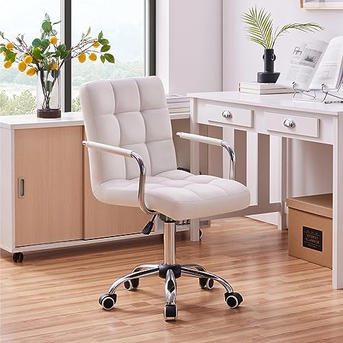 Yaheetech White Desk Chairs with Wheels/Armrests Modern PU Leather Office Chair Midback Adjustable Home Computer Executive Chair 360� Swivel