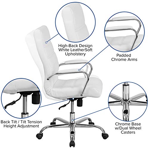 Flash Furniture Whitney High Back Desk Chair - White LeatherSoft Executive Swivel Office Chair with Chrome Frame - Swivel Arm Chair