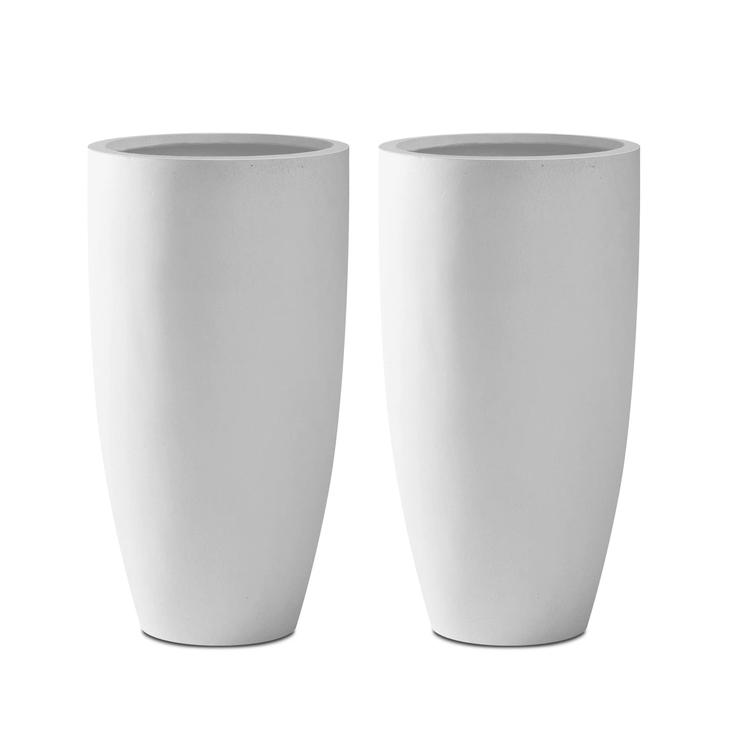 Kante 23.6" H Pure White Concrete Tall Planters (Set of 2), Large Outdoor Indoor Decorative Plant Pots with Drainage Hole and Rubber Plug, Modern Style for Home and Garden