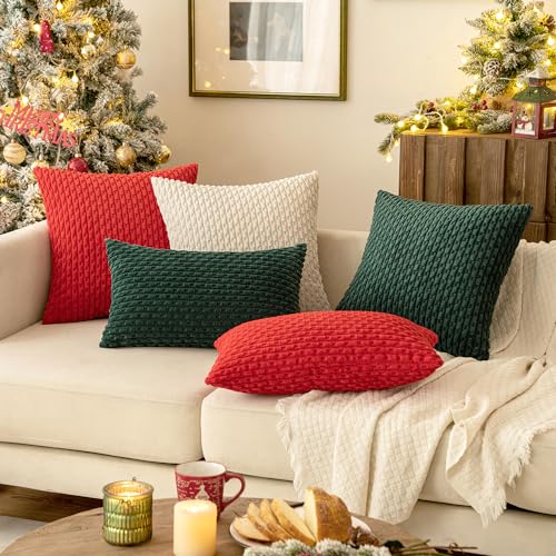 MIULEE Throw Pillow Covers Soft Corduroy Decorative Set of 2 Boho Striped Pillow Covers Pillowcases Farmhouse Home Decor for Christmas Couch Bed Sofa Living Room 24x24 Inch Pure White