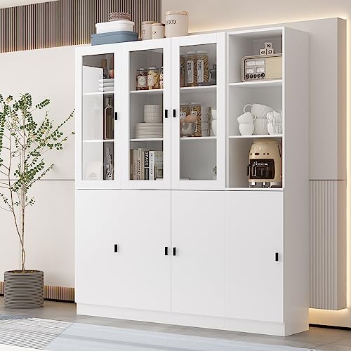 Hitow Tall Bookshelf with Glass Doors, 3 Piece Large Storage Cabinet Set, Home Office Bookcase with Doors Shelves, Glass Display Cabinet for Living Room, White Type B (62.3" W x 12.2" D x 70.9" H)