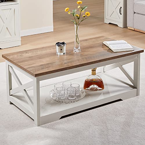 AMERLIFE 4-Piece Farmhouse Table Set for Living Room - Includes 54" Fireplace TV Stand, 1 X Coffee Table & 2 X End Tables with Charging Station, Rustic Oak & White