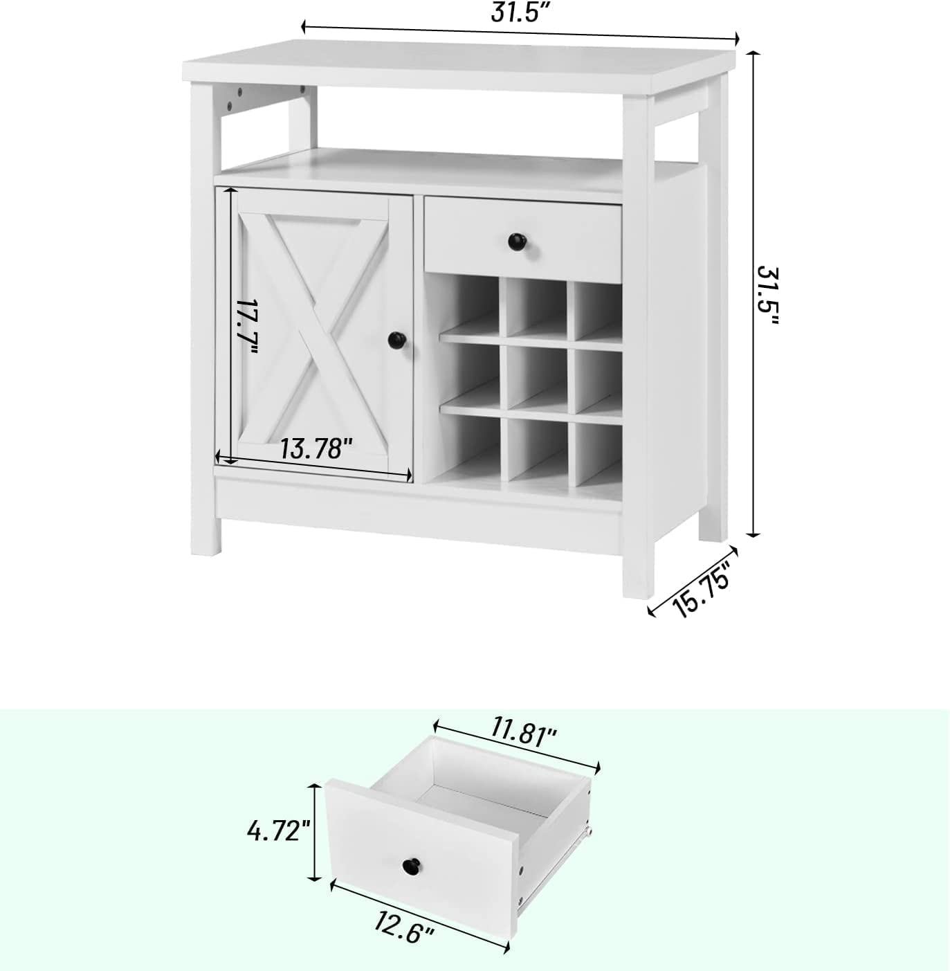 Farmhouse Coffee Bar Cabinet, 31 Inch Kitchen Buffet Storage Cabinet with Drawer, White Coffee Bar Table with 9 Racks, Small Bar Cabinet with Barn Door, Adjustable Shelf for Dining Living Room