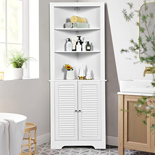 COSTWAY Tall Corner Cabinet, Wooden Freestanding Storage Cabinet with 3 Open Shelves & Doors, Large Capacity Storage Organizer for Bathroom Living Room Bedroom Kitchen (White)