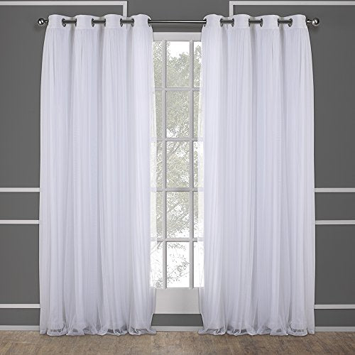 Exclusive Home Catarina Layered Solid Room Darkening Blackout and Sheer Grommet Top Curtain Panel Pair, 52"x96", Winter White