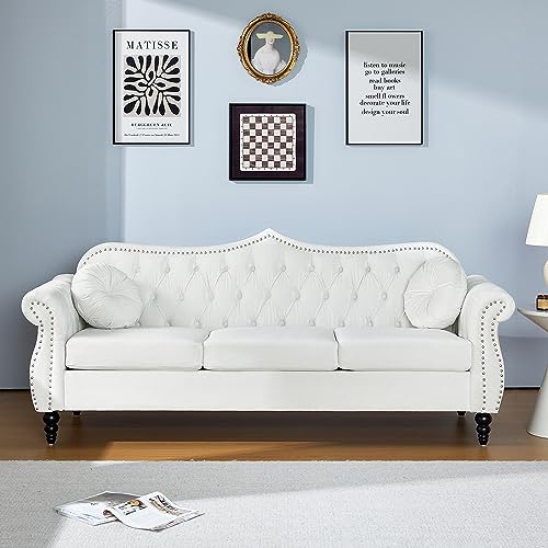 AVZEAR 82" Three Seater Sofa, Chesterfield Sofa, Mid-Century Modern Velvet Upholstered Sofa, Deep Button Tufted Living Room Sofa with Two Throw Pillows, White