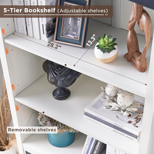 JXQTLINGMU Farmhouse Storage Cabinet, 5 Shelf Bookshelf, Bookcase, Pantry Cabinet, Versatile Storage Cabinet with Doors and Adjustable Shelves for Living Room, Bedroom, Kitchen (White)