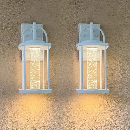 PARTPHONER Dusk to Dawn White Outdoor Light Fixtures 2 Pack, Modern Wall Sconce Lighting with Crystal Bubble Glass, LED Porch Lights with Photocell Sensor 10W, 3000K for Front Door Garage Patio