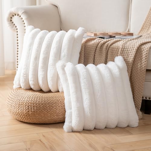 Joyouth Faux Fur Plush Throw Pillow Covers 26x26 Inch Set of 2 - Luxury Decorative Fuzzy Striped Soft Cozy Pillowcase for Couch, Sofa, Living Room - Cream White