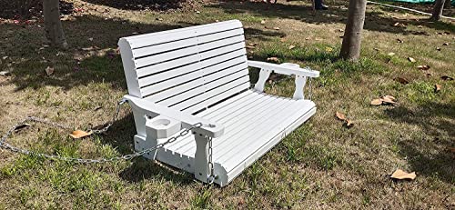 Wooden Porch Swing 2-Seater, Bench Swing with Cupholders, Hanging Chains and 7mm Springs, Heavy Duty 800 LBS, for Outdoor Patio Garden Yard (White)