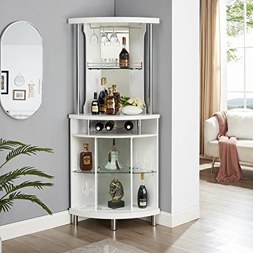 Home Source White Corner Bar Cart 72" Built-in Wine Rack, and Lower Glass Cabinet, Living Room, Home Office, Kitchen, Small Space