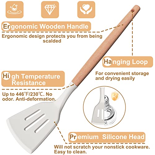 Kitchen Utensils Set, 26 Pcs Non-Stick Silicone Cooking Utensils Spatula Set with Holder, Sturdy Wooden Handle, Heat Resistance Silicone Kitchen Gadgets Utensils Set, White