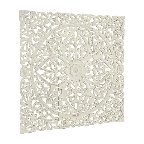 Deco 79 Wood Floral Handmade Intricately Carved Wall Decor with Mandala Design, Set of 3 48"H, 48"W, Beige