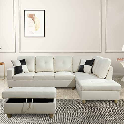 SIENWIEY White Sectional Sofa for Living Room,Faux Leather L Shape Sectional Couches for Living Room Set with Chaise and Storage Ottoman for Living Room Furniture Sets(White,Right Chaise)