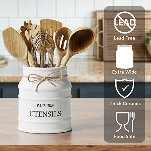 Barnyard Designs Ceramic Farmhouse Utensil Holder for Kitchen Counter, Large Rustic Utensil Crock, Countertop Cooking Tool Spatula Organizer, 6.75”, White