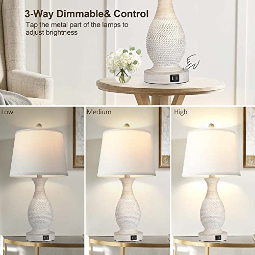 PARTPHONER Set of 2 Table Lamps with USB Ports, 26" Tall Farmhouse Living Room Lamp with 3-Way Dimmable Nightstand Lamp White Fabric Shade for Living Room Bedroom Home Office