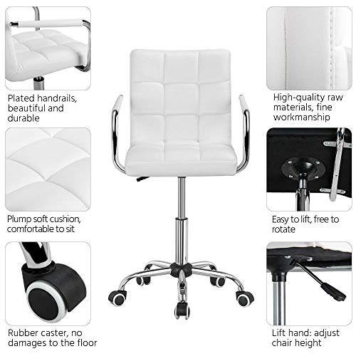 Yaheetech White Desk Chairs with Wheels/Armrests Modern PU Leather Office Chair Midback Adjustable Home Computer Executive Chair 360� Swivel