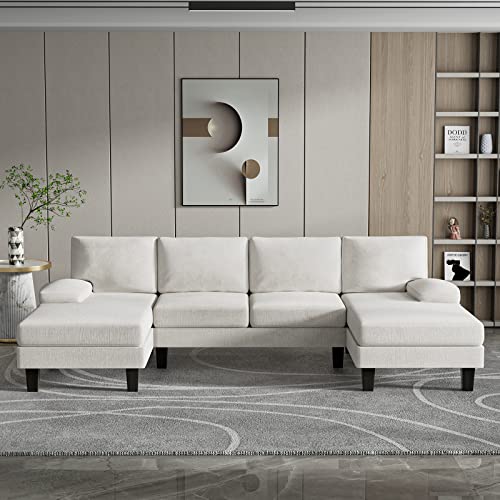 JUMMICO Convertible Sectional Sofa Couch, 4 Seat Sofa Set for Living Room with Throw Pillows, U-Shaped Modern Minimalist Fabric Modular Sofa with Double Chaise & Memory Foam (White)