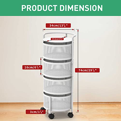 JAQ Rotating Storage Shelves Rack for Kitchen, 4-Tier Multi Layer Removable Basket Shelf Organizer on Rolling Wheels for Fruit Vegetable Grocery Corns Potato Onion (4-Tier, White)