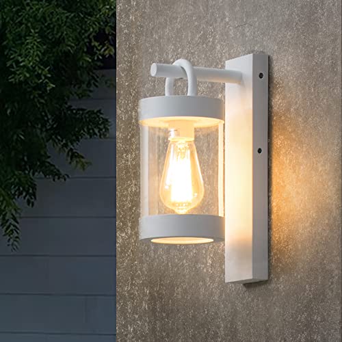 Lustrlach Dusk to Dawn Outdoor Wall Light White Modern Exterior Porch Light Fixture with Photocell E26 Bulb Base,IP44 Waterproof Patio Light for Outside Garage Front Door