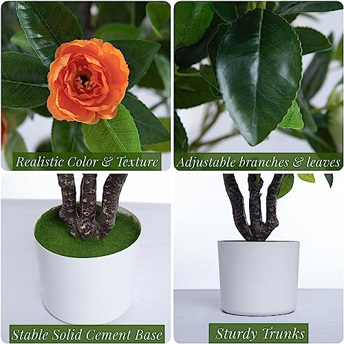 ECOFOREST Artificial Camellia Tree 35in Faux Floral Plant with White Flowers and Green Leaves - No Maintenance Indoor Outdoor Office Home Porch Decor Housewarming Gift(2Pack，White)