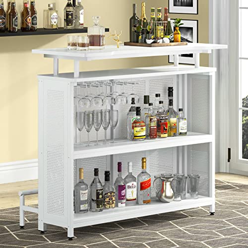 Tribesigns Home Bar Unit, 3 Tier Liquor Bar Table with Stemware Racks and Wine Storage Shelves, Wine Bar Cabinet Mini Bar for Home Kitchen Pub (White)