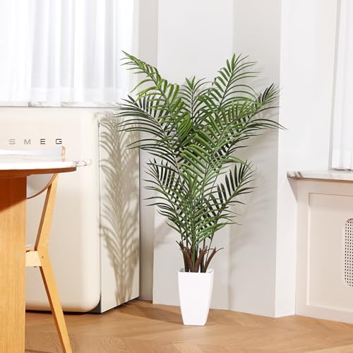 Kazeila Artificial Palm Tree 4FT Tall Faux Tropical Palm Plant with White Taper Planter Fake Greenery Potted Plant for Home Office Decor Indoor