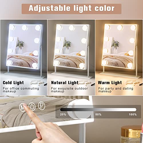 Leishe Vanity Mirror with Lights Hollywood Lighted Makeup Mirror with 9 Dimmable Bulbs & 3 Color Lighting Modes, Detachable 10X Magnification Mirror and 360 Degree Rotation(White)