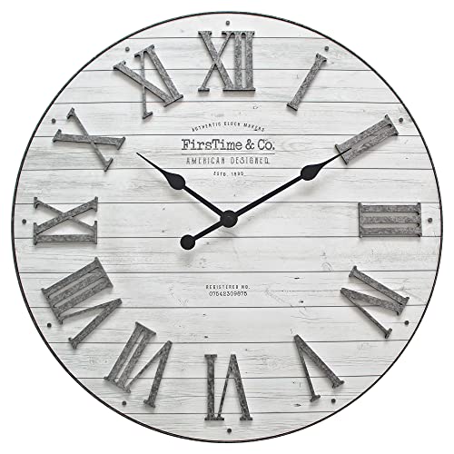 FirsTime & Co. White Emmett Shiplap Wall Clock, Large Vintage Decor for Living Room, Home Office, Round, Plastic, Farmhouse, 27 inches