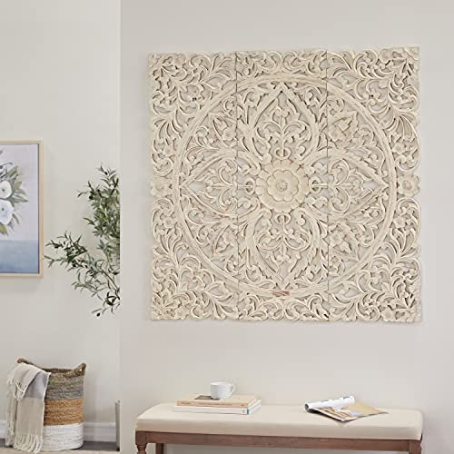 Deco 79 Wood Floral Handmade Intricately Carved Wall Decor with Mandala Design, Set of 3 48"H, 48"W, Beige