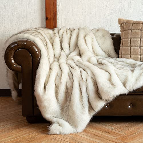 BATTILO HOME Luxury White Faux Fur Throw Blanket Thick Warm Faux Fur Blanket for Couch, Bed, Fuzzy Cozy, Fluffy Blanket Fox Fur Throw White with Black Tip, Minky Blanket, 51"x67"