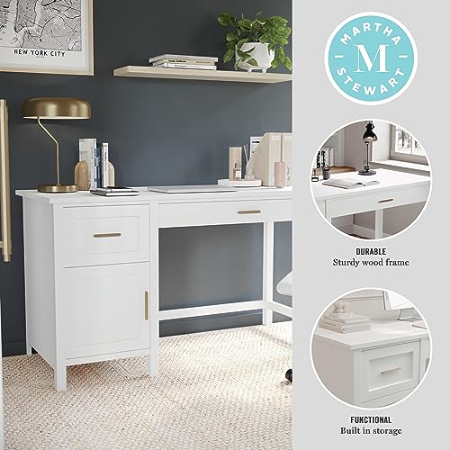 Martha Stewart Hutton Shaker Style Home Office Desk with Storage in White with Polished Brass Hardware