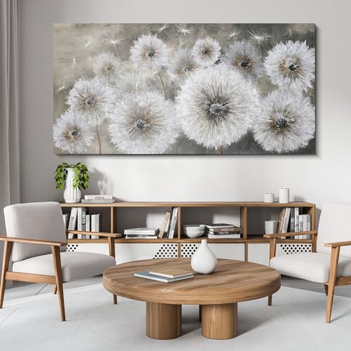 yiijeah White Dandelion Wall Decor - Large Wall Art - 30x60 Inches - Framed Picture Artwork - Wall Art for Living Room Office Bedroom - Extra Large Size - Canvas Wall Decor