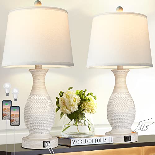 PARTPHONER Set of 2 Table Lamps with USB Ports, 26" Tall Farmhouse Living Room Lamp with 3-Way Dimmable Nightstand Lamp White Fabric Shade for Living Room Bedroom Home Office