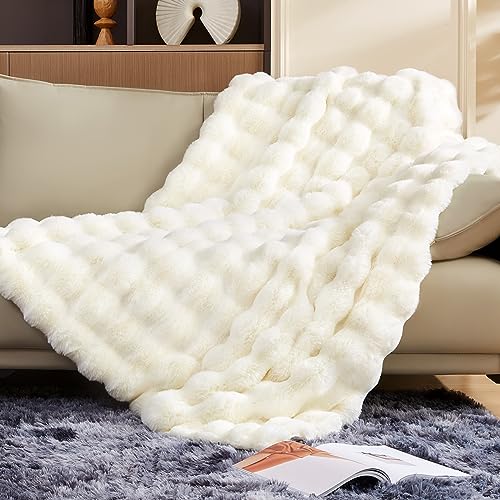 Touchat Luxury 1000GSM Faux Rabbit Fur Throw Blanket, Super Heavy Warm Cozy Beige Cream Blankets for Couch Bed Sofa, Ruched Plush Fuzzy Elegant Soft Reversible Mink Blanket for Living Room Bedroom