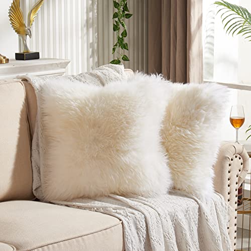 Outlavish Sheepskin Pillows, Real Genuine Lambskin Rabbit Fur Throw Decorative Cushion Case Covers for Couch & Bedroom, Luxuriously Soft & Fluffy, Set of Two (Pearl White, 18x18)