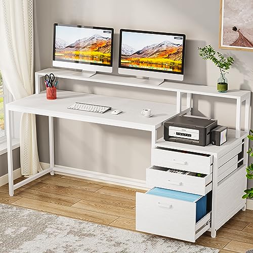 Tribesigns 63 Inch Computer Desk with File Drawer Cabinet, Ergonomic Office Desk with Monitor Stand, Computer Table with Printer Space, Wood PC Table Workstation Desk for Home Office, White