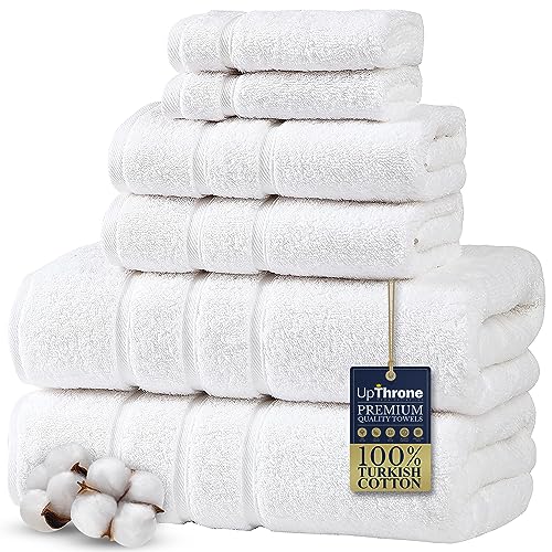 Luxury 100% Cotton White Towels for Bathroom, White Cotton Absorbent Turkish Luxury Bath Towels Sets of 6 Pieces, Premium Large Plush Towel Sets White SPA Towels, Classic Thick Hotel Shower Towels