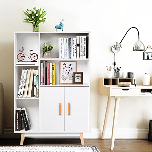 Giantex Storage Cabinet, Free Standing Pantry Cabinet with 2 Door Cabinet and 5 Shelves, Home Office Furniture Bookcase, Side Cabinet, Cupboard, Wood Cube Organizer (White)