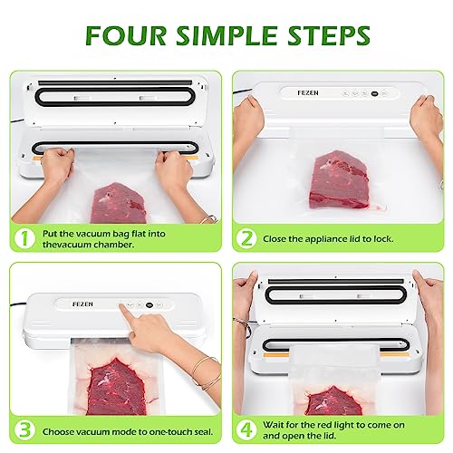 FEZEN Vacuum Sealer Machine for Food, Food Saver Machine 5-in-1 Food Sealer Automatic Vacuum Air Sealing Machine for Dry/Moist Food Storage with Vacuum Seal Bags & Air Suction Hose, White