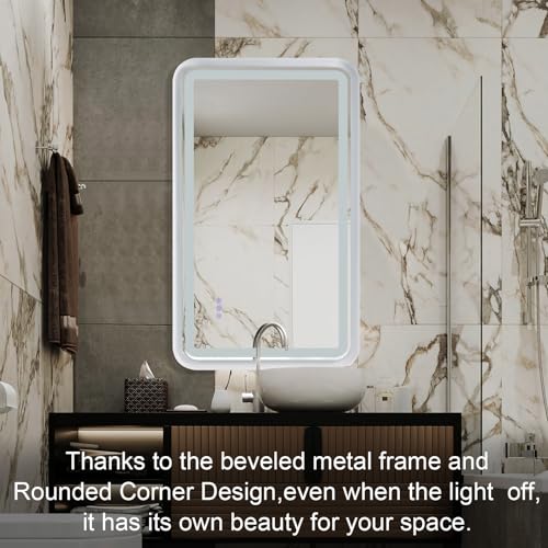 ANDY STAR Led Bathroom Mirror 24''x40'', Lighted Bathroom Vanity Mirror Rounded Rectangle, Glossy White Beveled Metal Frame, 3 Color Front Light+WRGB Backlit Stepless Dimmable, Anti-Fog, CRI>90