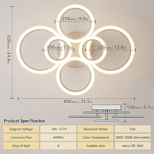 OUQI LED Ceiling Light 72W LED Ceiling Lamp 6400LM White 6 Rings Lighting Fixture for Living Room,Bedroom,Dining Room,Dimmable Remote Control,3 Color