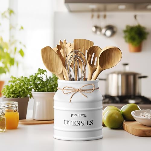 Barnyard Designs Ceramic Farmhouse Utensil Holder for Kitchen Counter, Large Rustic Utensil Crock, Countertop Cooking Tool Spatula Organizer, 6.75”, White