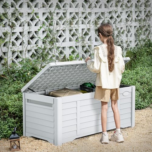 DWVO Large Deck Box 120 Gallon Waterproof Outdoor Storage Box, Extra Large Outdoor Storage Bin, Resin Louvered Patio Storage for Indoor Outdoor Pillows, Garden Tools & Pool Supplies, Lockable, White